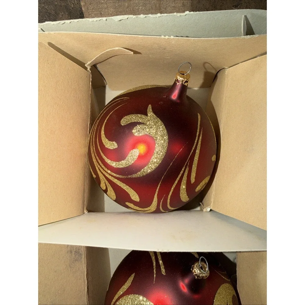 Christmas Ornaments Set of 4 Glitter Red & Gold,  3 Teardrop Swirls Blown Glass